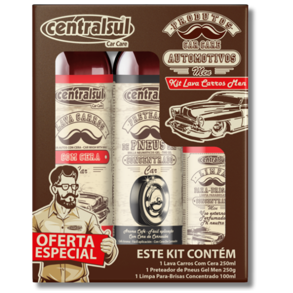 Kit Lava Carros Men CentralSul com 3 Itens – Lava Carros, Pretinho e Limpa Vidros